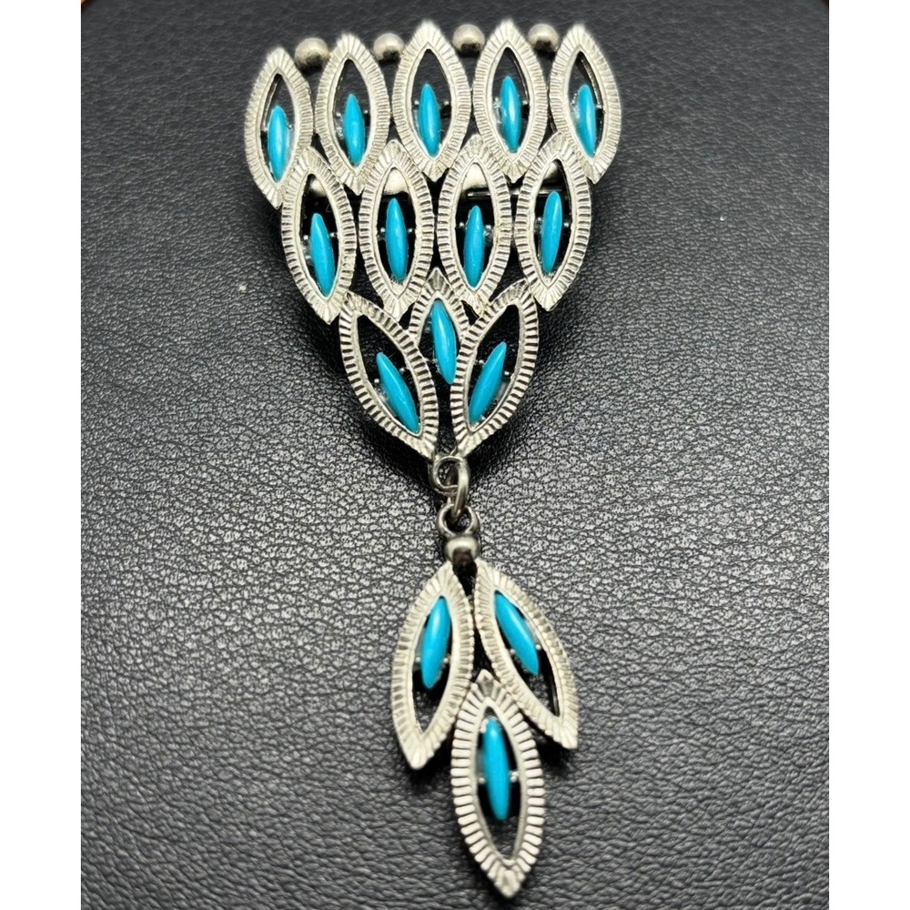 Dangle Brooch Women Silver Turquoise Marquise Southwestern Pin